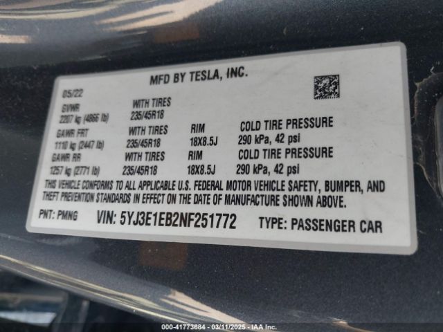 5YJ3E1EB2NF251772 Tesla Model 3 Long Range Dual Motor All-wheel Drive