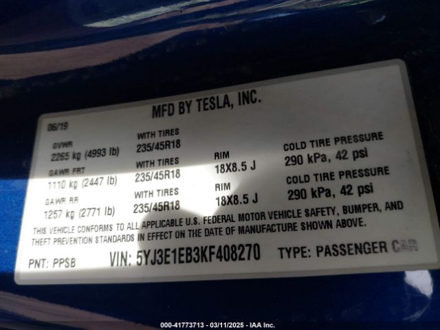 5YJ3E1EB3KF408270 Tesla Model 3 Long Range/performance