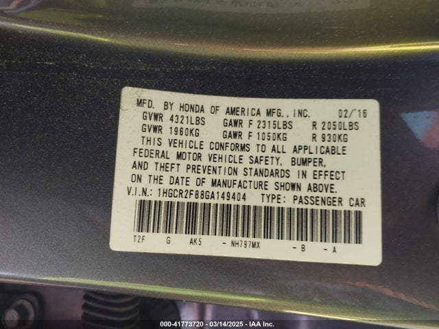 1HGCR2F88GA149404 Honda Accord Ex-l