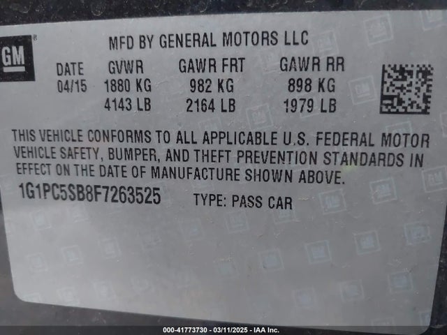 1G1PC5SB8F7263525 Chevrolet Cruze 1lt Auto