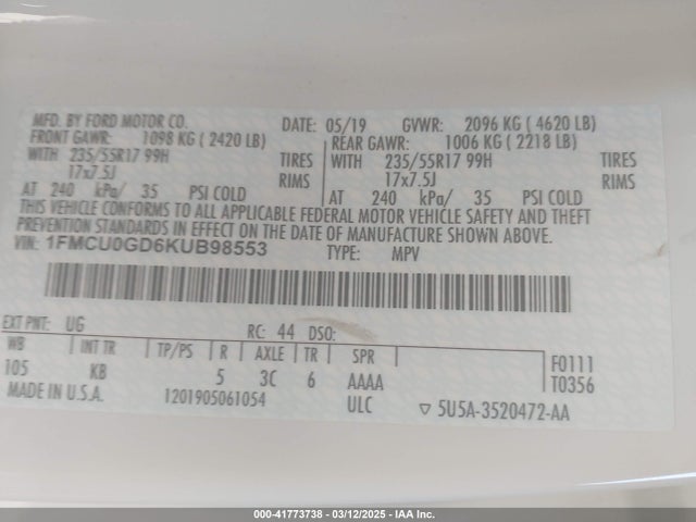 1FMCU0GD6KUB98553 Ford ESCAPE SE