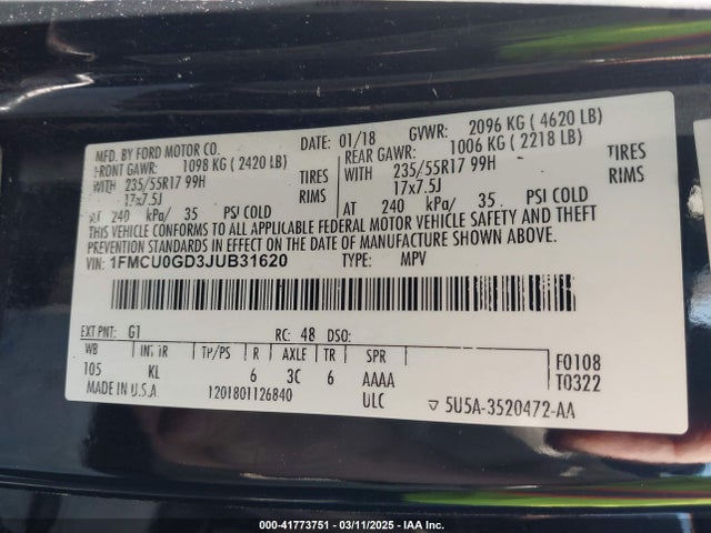 1FMCU0GD3JUB31620 Ford ESCAPE SE