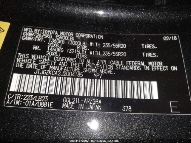 JTJGZKCA2J2004185 Lexus Rx 350l Premium