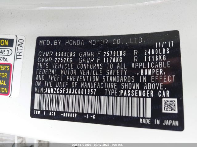 JHMZC5F38JC001957 Honda Clarity Plug-in Hybrid Touring