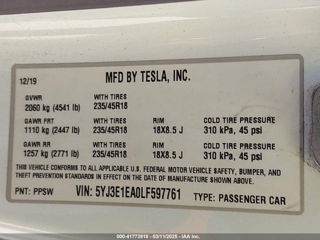 2020 TESLA MODEL 3 5YJ3E1EA0LF597761 Photo 8