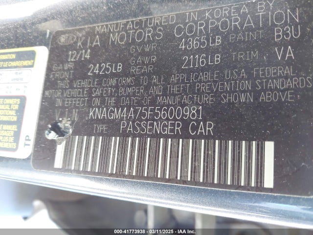 KIA Optima Lx 2015 KNAGM4A75F5600981 Image 9