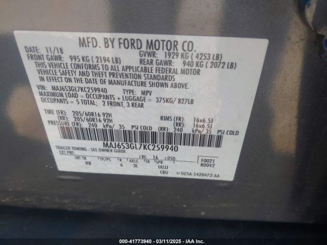 MAJ6S3GL7KC259940 Ford Ecosport Se