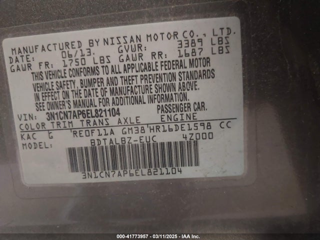3N1CN7AP6EL821104 Nissan Versa 1.6 Sv