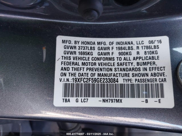 Honda Civic Lx 2016 19XFC2F59GE233084 Image 9