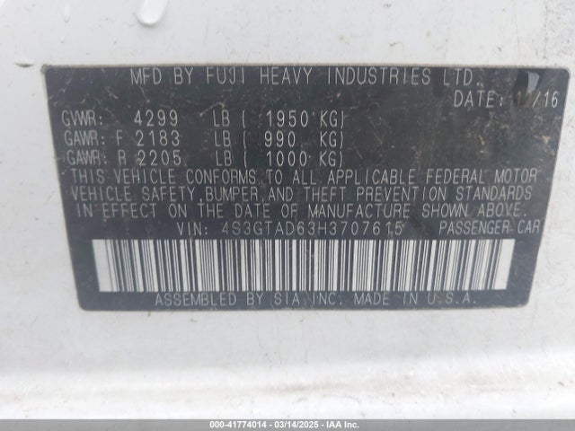 Subaru na 2017 4S3GTAD63H3707615 Image 9