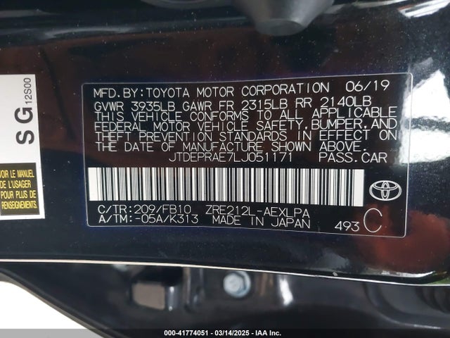 JTDEPRAE7LJ051171 Toyota COROLLA LE
