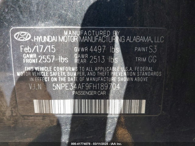 5NPE34AF9FH189704 Hyundai Sonata Limited