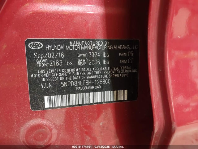 5NPD84LF8HH128860 Hyundai Elantra Value Edition