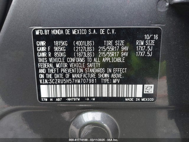 3CZRU5H57HM707981 Honda HR-V EX