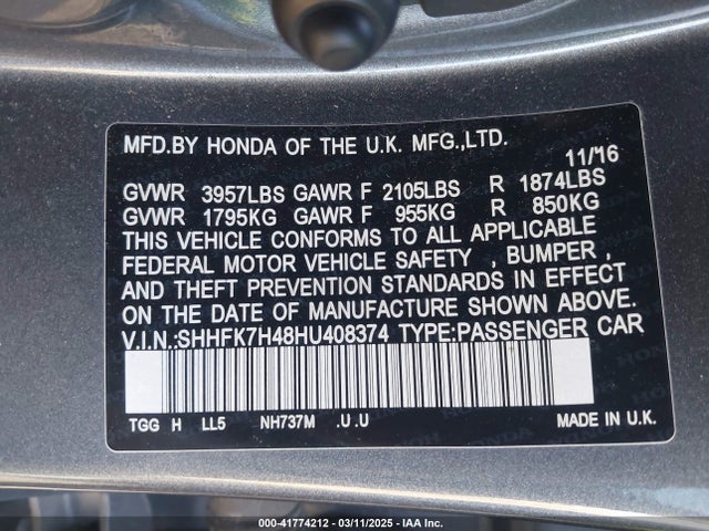 SHHFK7H48HU408374 Honda Civic Sport