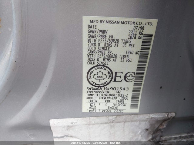 41774225 :رقم المزاد ، 5N3AA08C19N901543 vin ، 2009 Infiniti Qx56 مزاد بيع