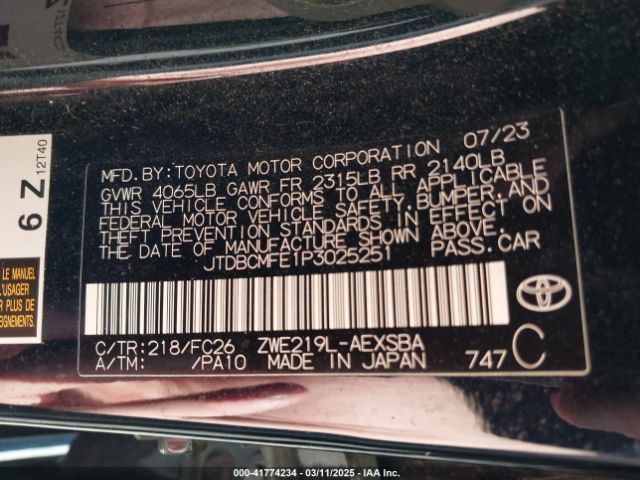 JTDBCMFE1P3025251 Toyota Corolla Hybrid Se
