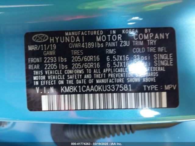 KM8K1CAA0KU337581 Hyundai Kona Se