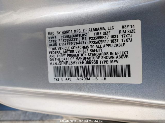 5FNRL5H22EB086938 Honda ODYSSEY LX