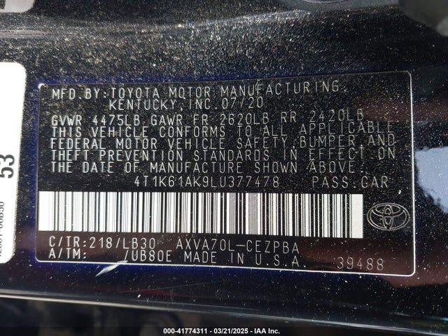 4T1K61AK9LU377478 Toyota CAMRY XSE