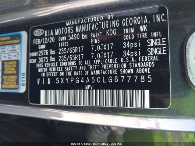 5XYPG4A50LG677785 KIA Sorento 3.3l Lx