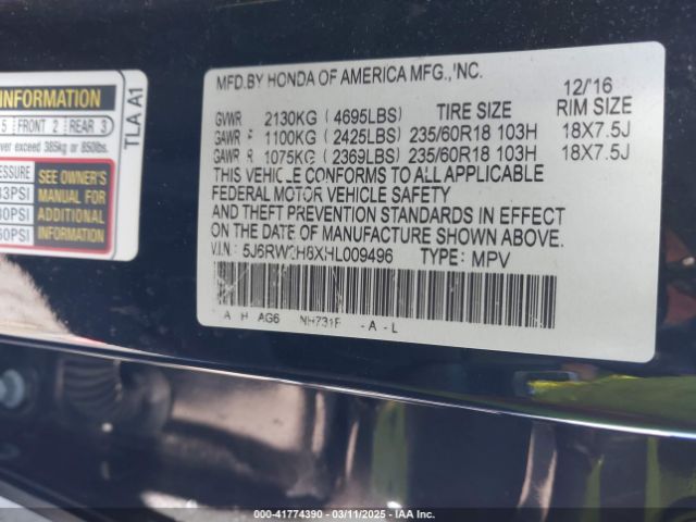 5J6RW2H8XHL009496 Honda Cr-v Ex-l/ex-l Navi