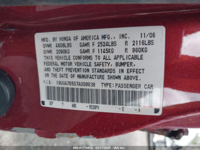 2007 ACURA TL 19UUA76507A008938 Photo 8