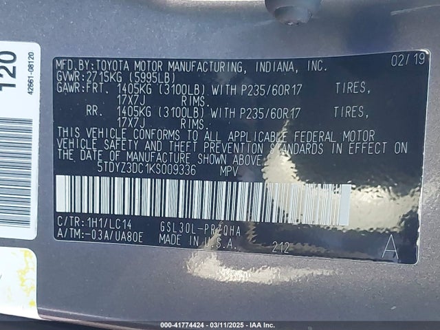 5TDYZ3DC1KS009336 Toyota Sienna Xle 8 Passenger
