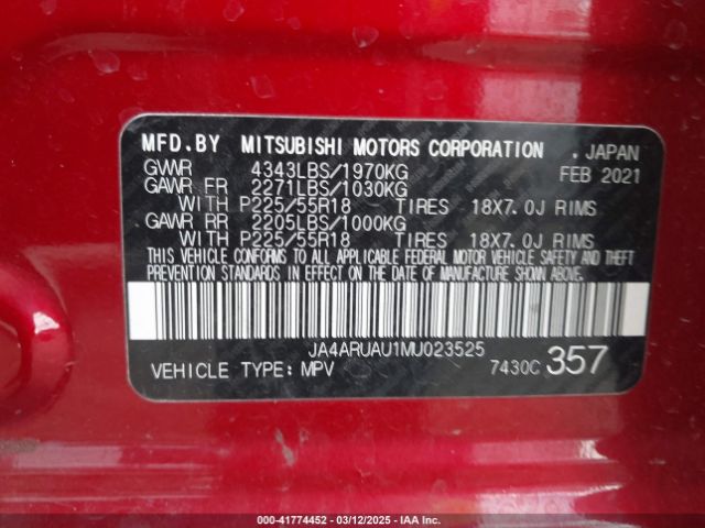 JA4ARUAU1MU023525 Mitsubishi Outlander Sport 2.0 Be Awc/2.0 Es Awc/2.0 Le Awc/2.0 Se Awc
