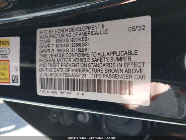 1HGCV1F56NA054123 Honda Accord Ex-l