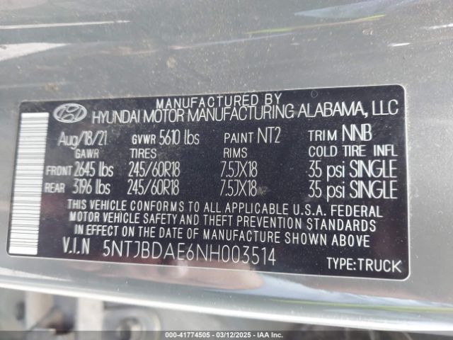 5NTJBDAE6NH003514 Hyundai Santa Cruz Sel