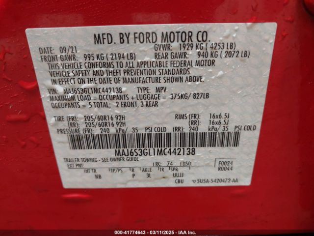 2021 FORD ECOSPORT MAJ6S3GL1MC442138 Photo 8