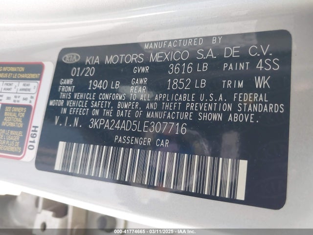 3KPA24AD5LE307716 KIA RIO S