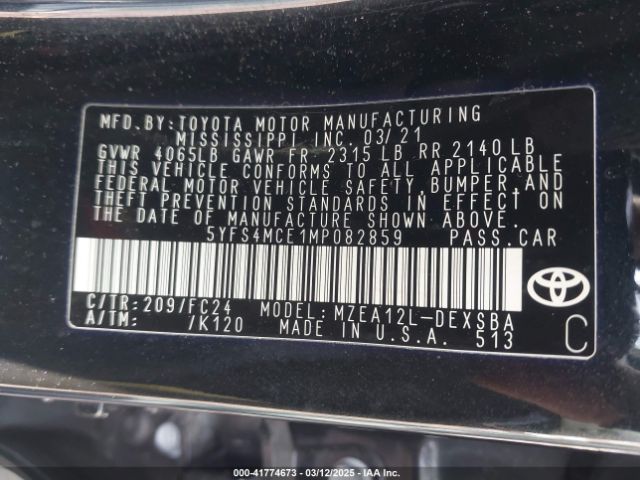 5YFS4MCE1MP082859 Toyota Corolla Se Apex Edition