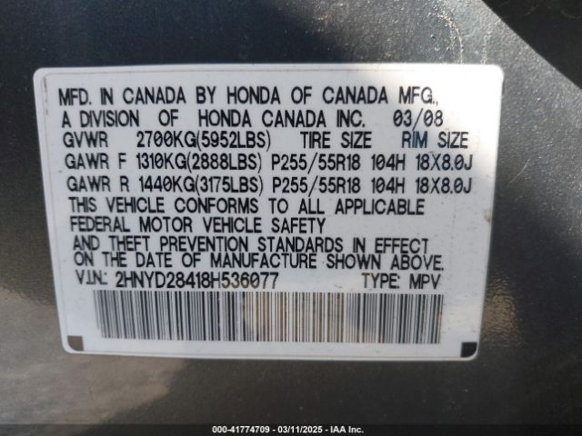 2008 ACURA MDX 2HNYD28418H536077 Photo 8