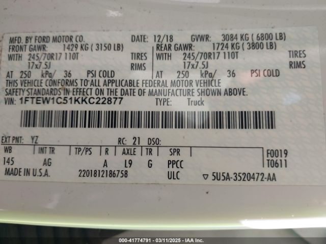 1FTEW1C51KKC22877 Ford F-150 Xl
