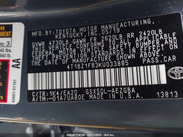 4T1BZ1FB3KU033885 Toyota AVALON XLE