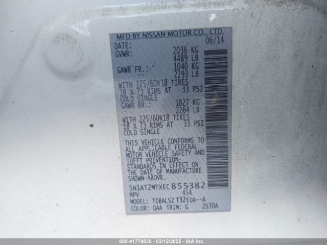 5N1AT2MTXEC855382 Nissan Rogue Sl