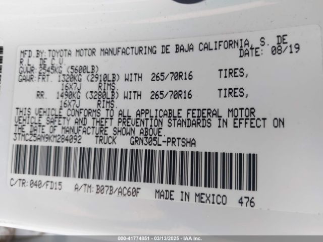 3TMCZ5AN9KM284092 Toyota Tacoma Trd Off Road