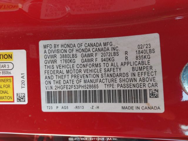 2HGFE2F53PH528665 Honda Civic Sport