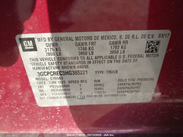 3GCPCREC3HG385221 Chevrolet Silverado 1500 1lt