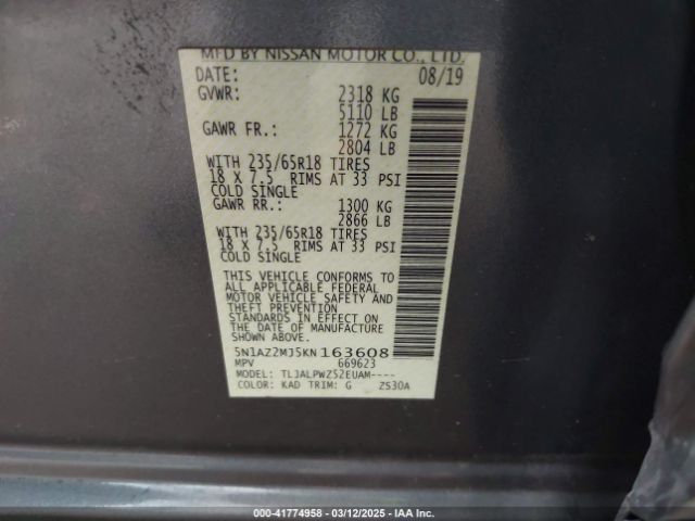 5N1AZ2MJ5KN163608 Nissan MURANO S