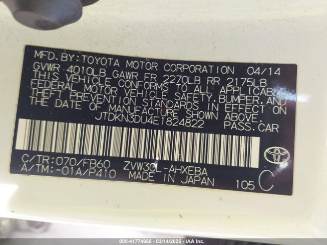 JTDKN3DU4E1824822 Toyota Prius Three