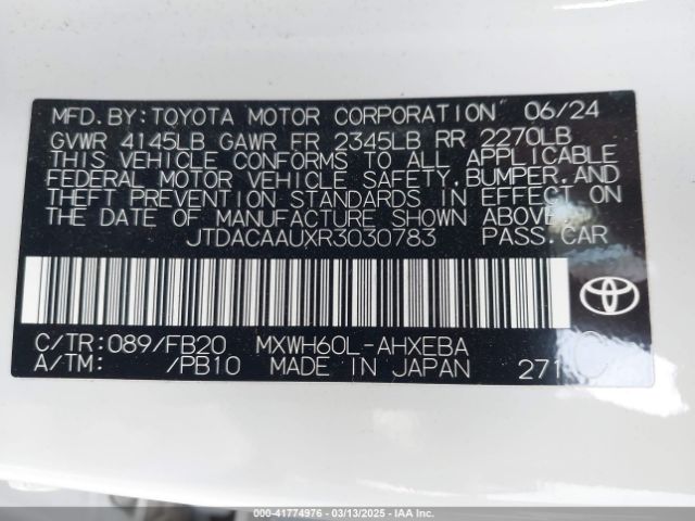 JTDACAAUXR3030783 Toyota Prius Le