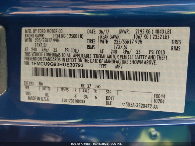 1FMCU9G93HUE30793 Ford ESCAPE SE