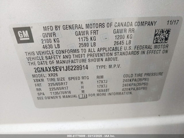 2GNAXSEV1J6228914 Chevrolet EQUINOX LT