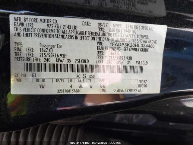 Продажа на аукционе авто 2017 Ford Focus Se, vin: 1FADP3K28HL324486, номер лота: 41775100