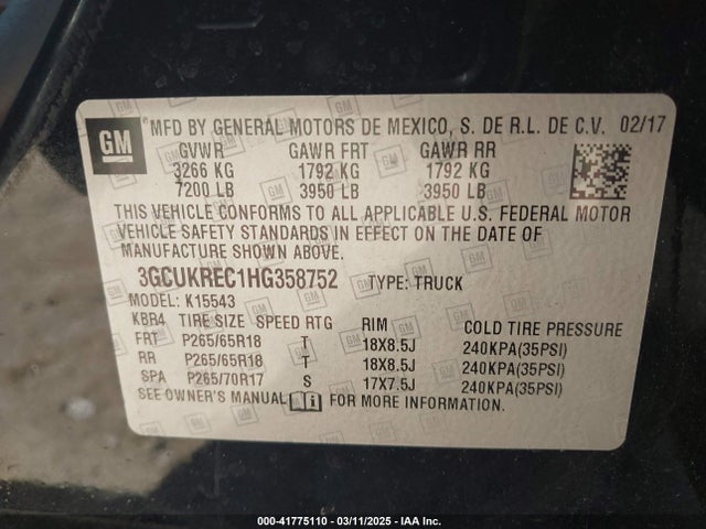 3GCUKREC1HG358752 Chevrolet Silverado 1500 2lt