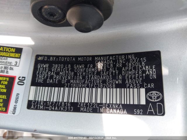 2T1BURHE1FC382068 Toyota COROLLA LE