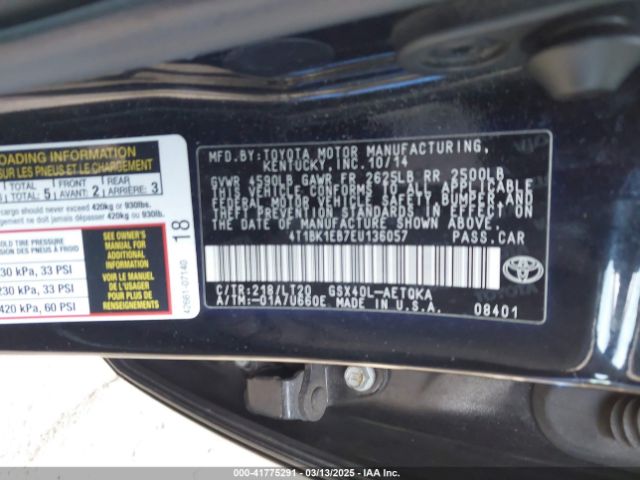 4T1BK1EB7EU136057 Toyota Avalon Xle Touring
